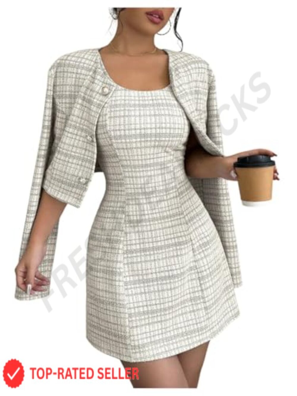 Women's 2 Piece Plaid Long Sleeve Button Cropped Jacket Mini Dress Set